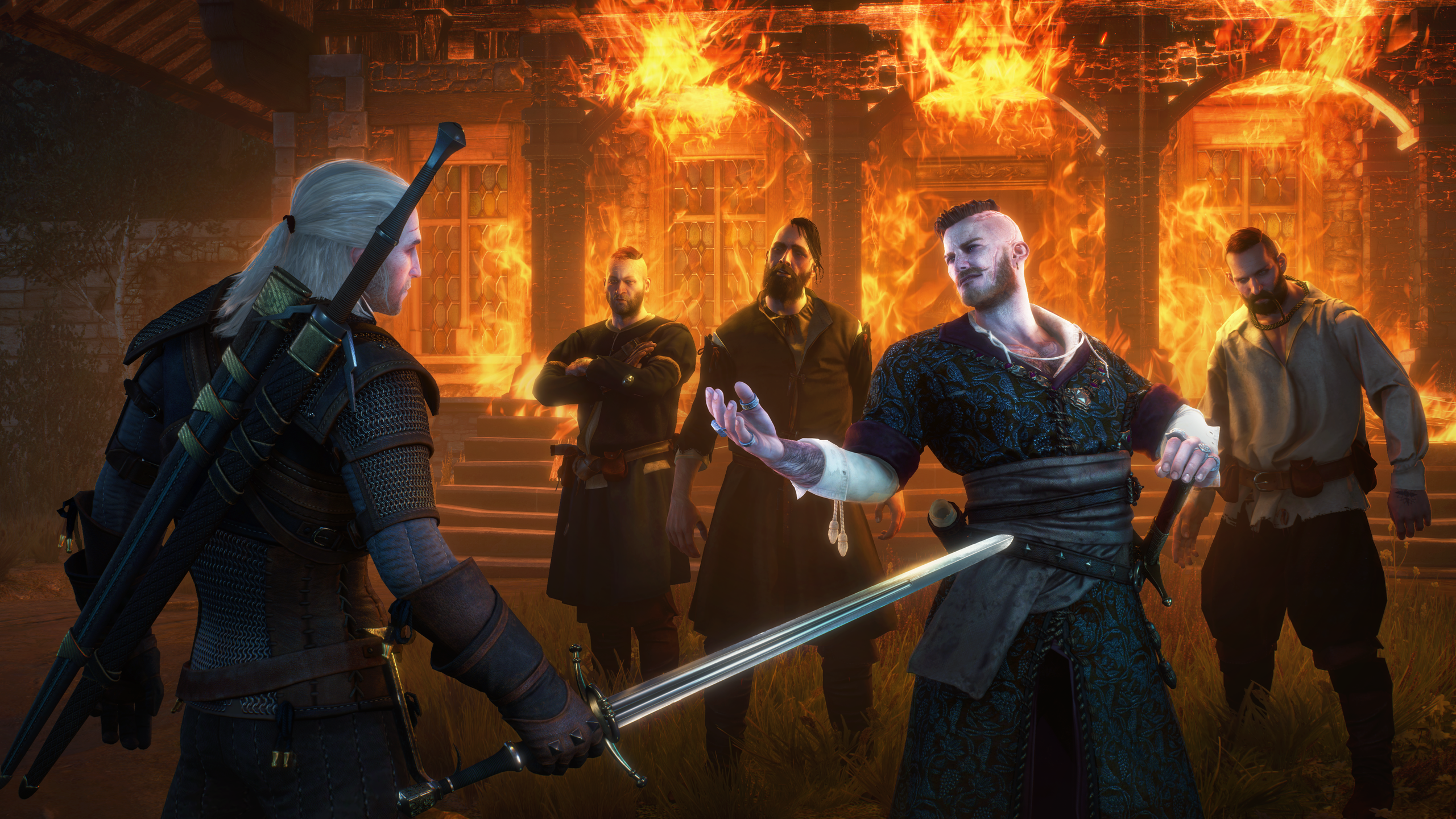 the witcher 3 game image the witcher 3 wild hunt video game screenshot geralt facing group of visitors in front of burning building