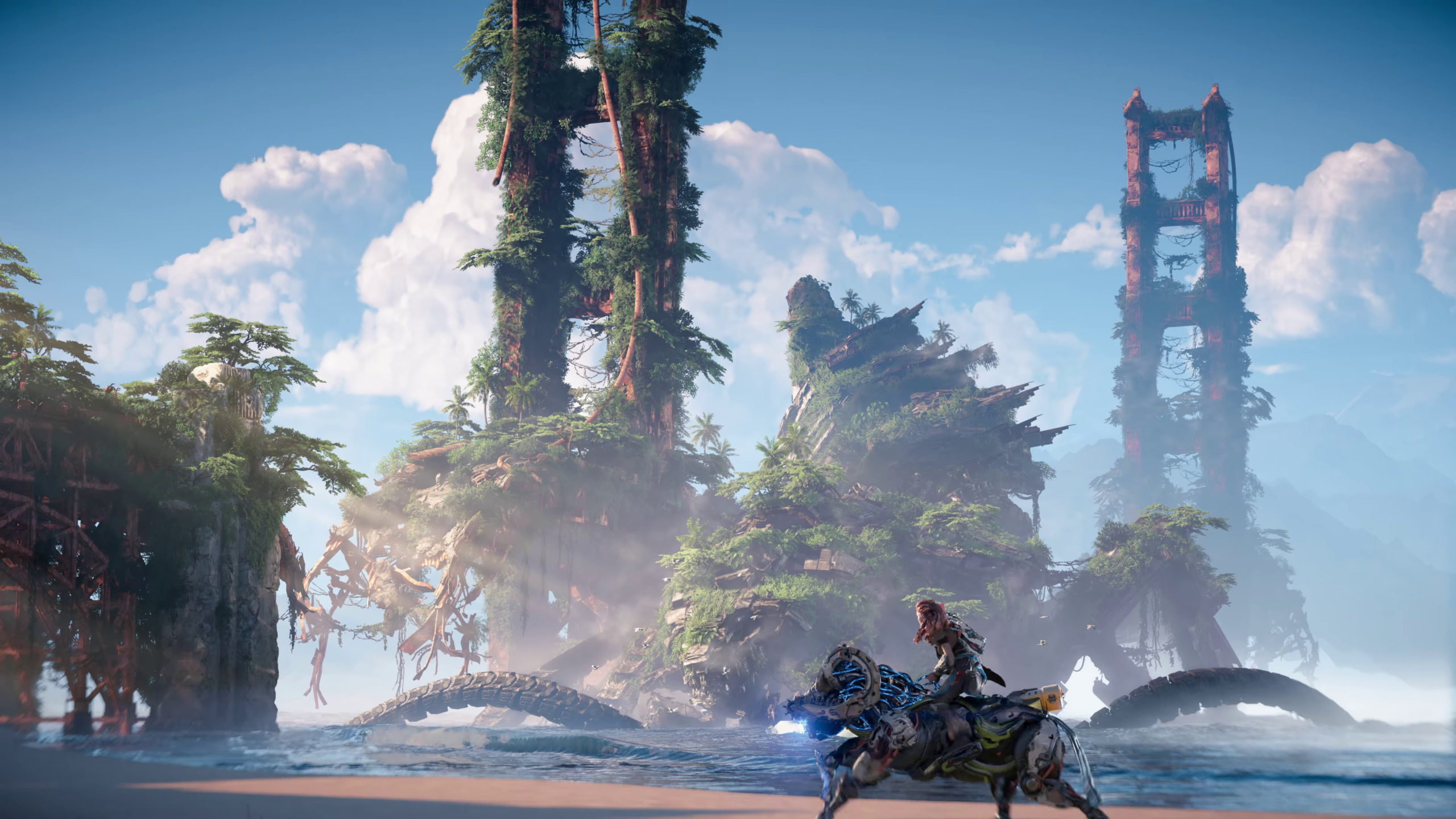 wallpaperflare.com_wallpaper (9) horizon forbidden west aloy riding with ruined city in the background